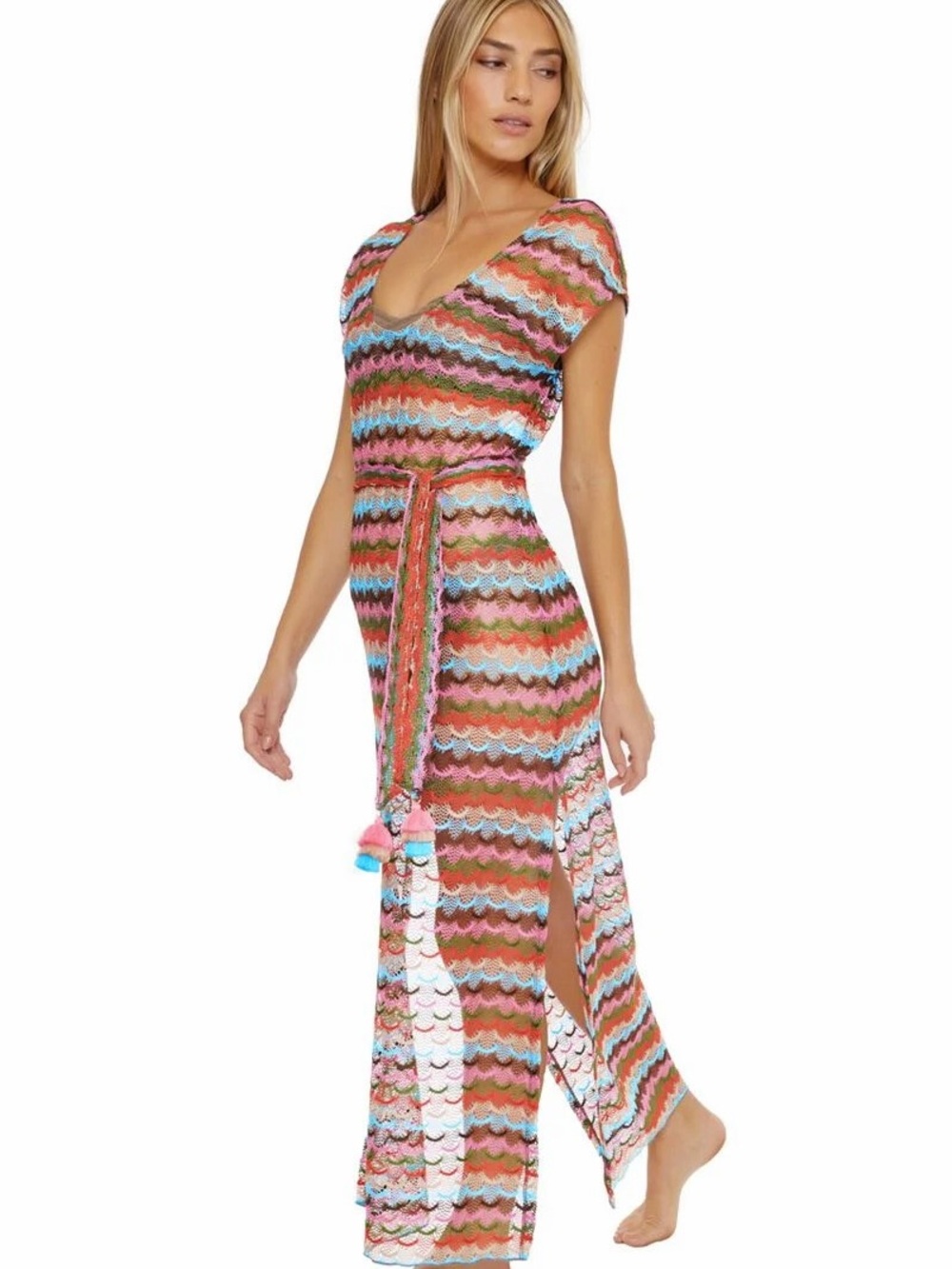 Trina Turk Iseree Sheer Crochet Sugarberry Midi Swimsuit Cover-Up Column Dress S